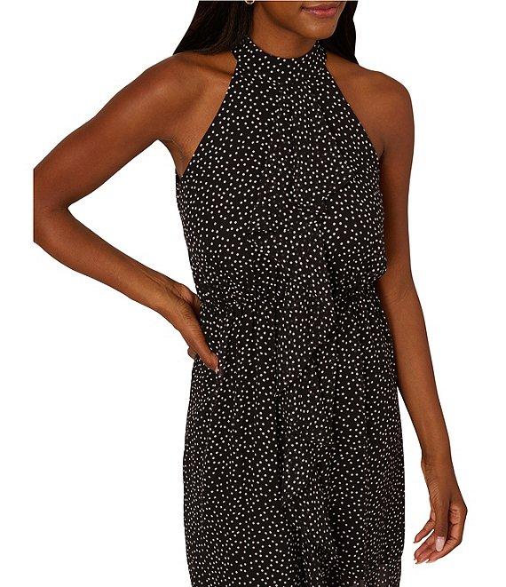 Adrianna Papell Shirred Dotted Chiffon Halter Neck Sleeveless Ruffle A-Lined Midi Dress Product Image