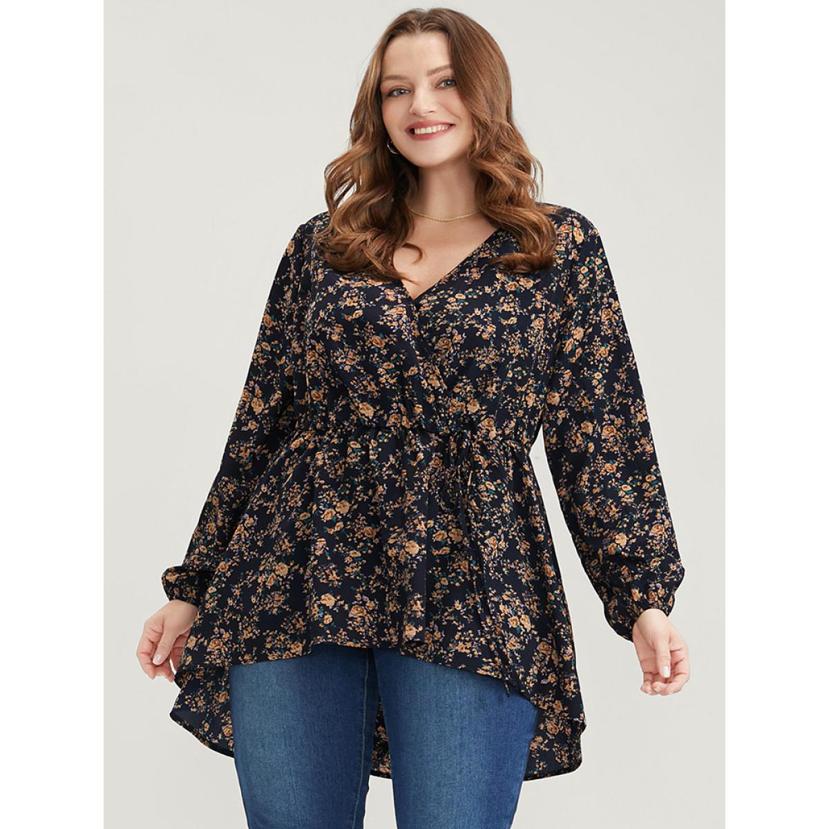 Plus Size Indigo Floral Wrap Lantern Sleeve High Low Hem Blouse Without Hat Women Elegant Long Sleeve V-neck Dailywear Blouses BloomChic 26/4X Product Image