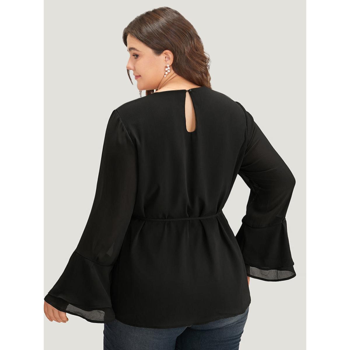 Plus Size Black Chiffon Mesh Tiered Bell Sleeve Blouse Women Office Long Sleeve Round Neck Work Blouses BloomChic 14-16/1X Product Image