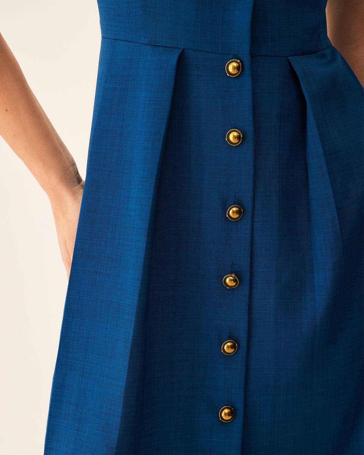 Blue V Neck Pleated Button Midi Dress Product Image