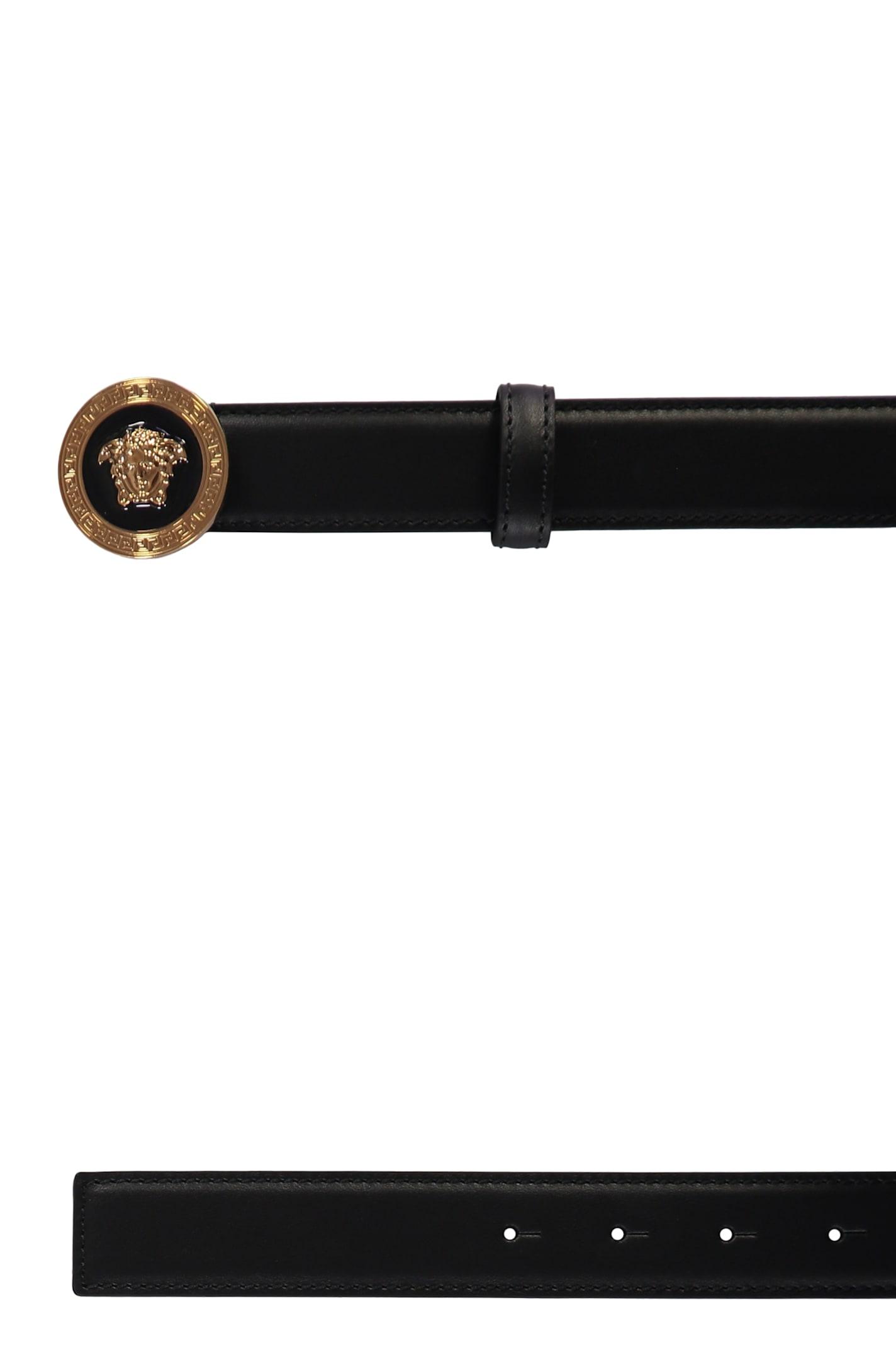 VERSACE Medusa Streamlined Leather Belt With Adjustable Length And Gold-tone Buckle In Black Product Image