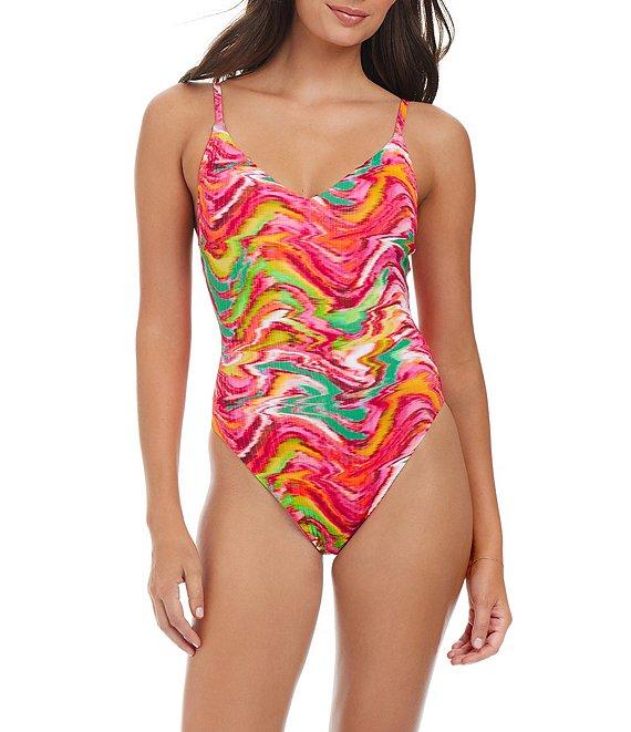 Sanctuary Reading Between The Lines Printed Scoop Neck Cross Back High Leg Tank One-Piece Swimsuit Product Image