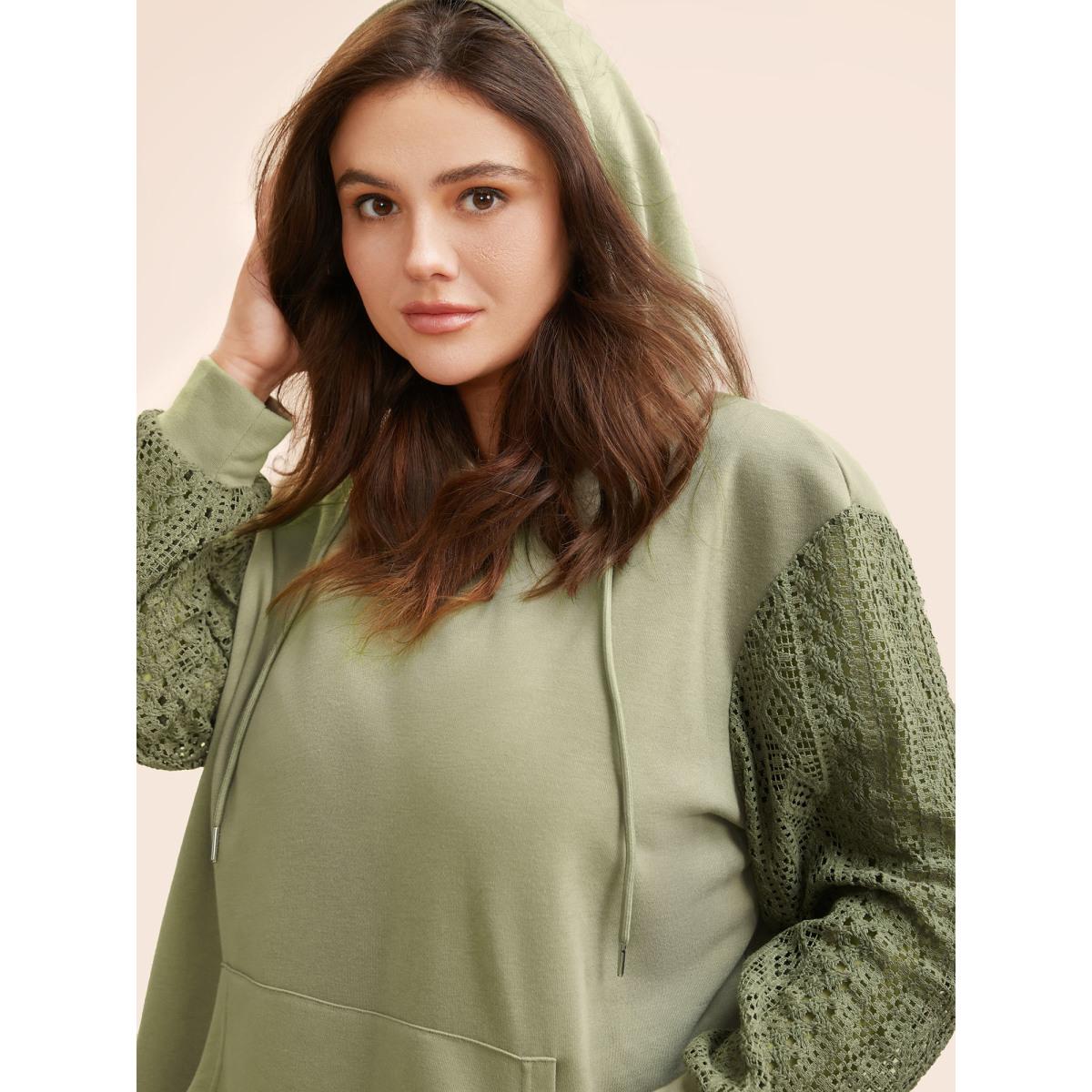 Plus Size Lace Patchwork Hooded Drawstring Sweatshirt Women Sage Casual Patchwork Hooded Everyday Sweatshirts BloomChic 28/5X Product Image