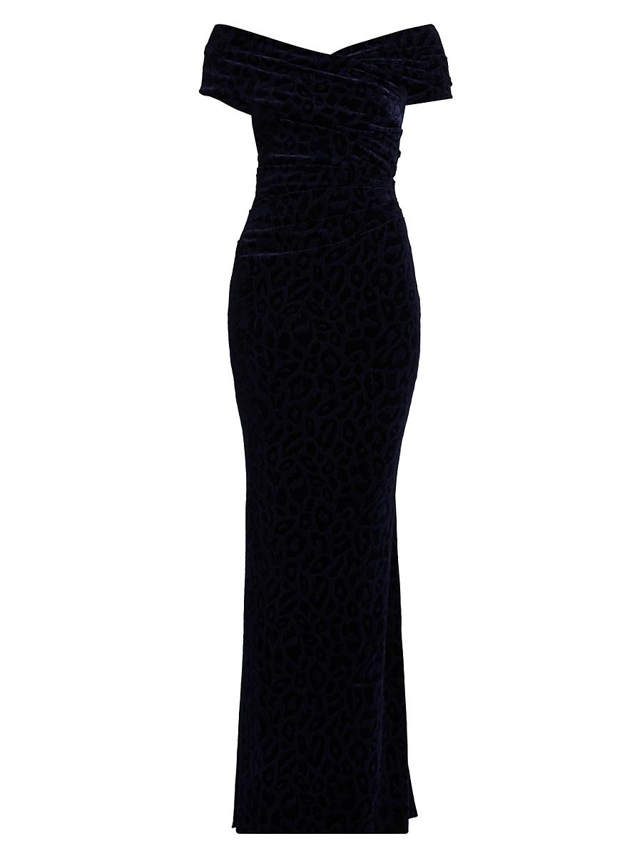 Womens Leopard Velvet Ruched Gown Product Image