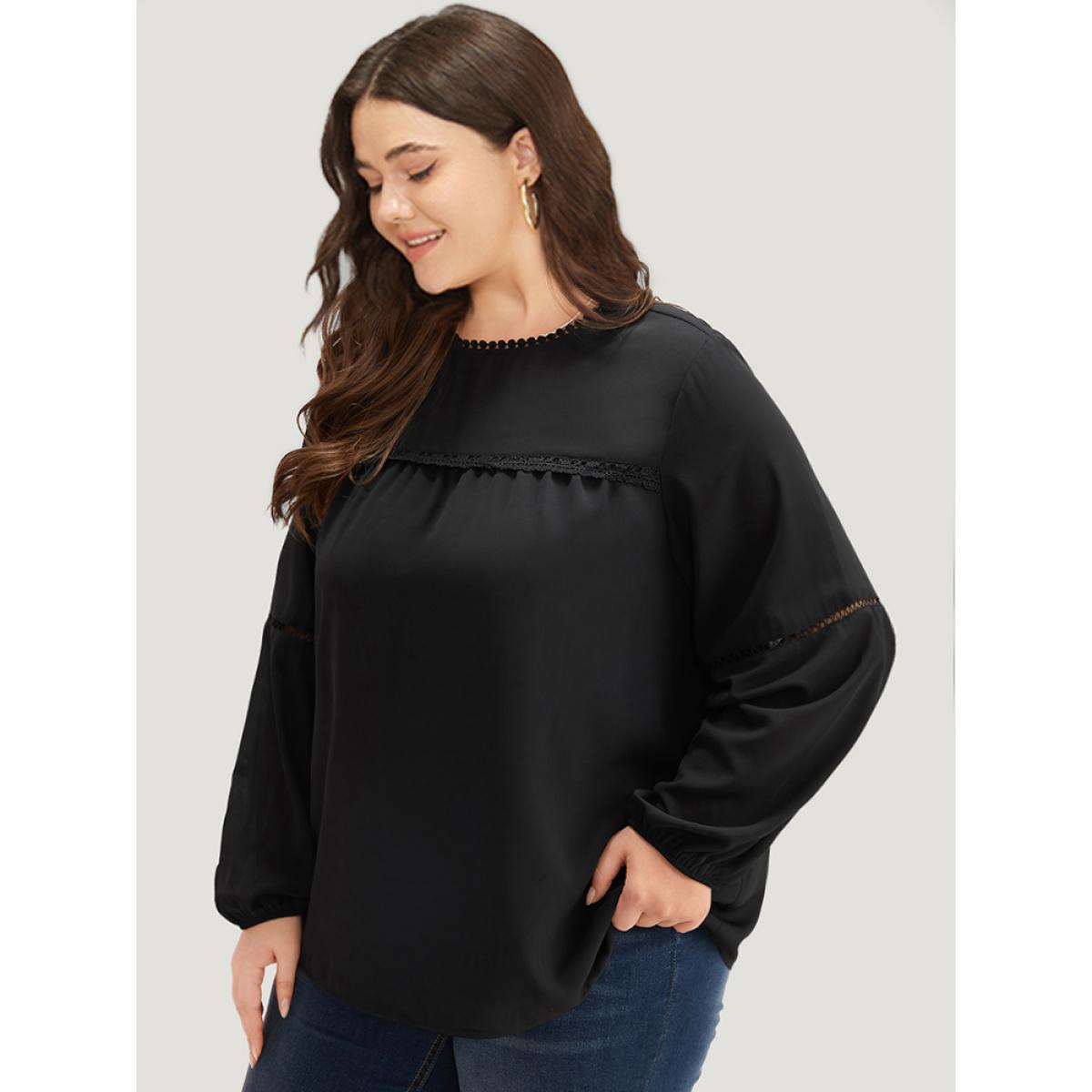 Plus Size Black Anti-Wrinkle Pompom Trim Guipure Lace Keyhole Blouse Women Office Long Sleeve Round Neck Dailywear Blouses BloomChic 18-20/2X Product Image