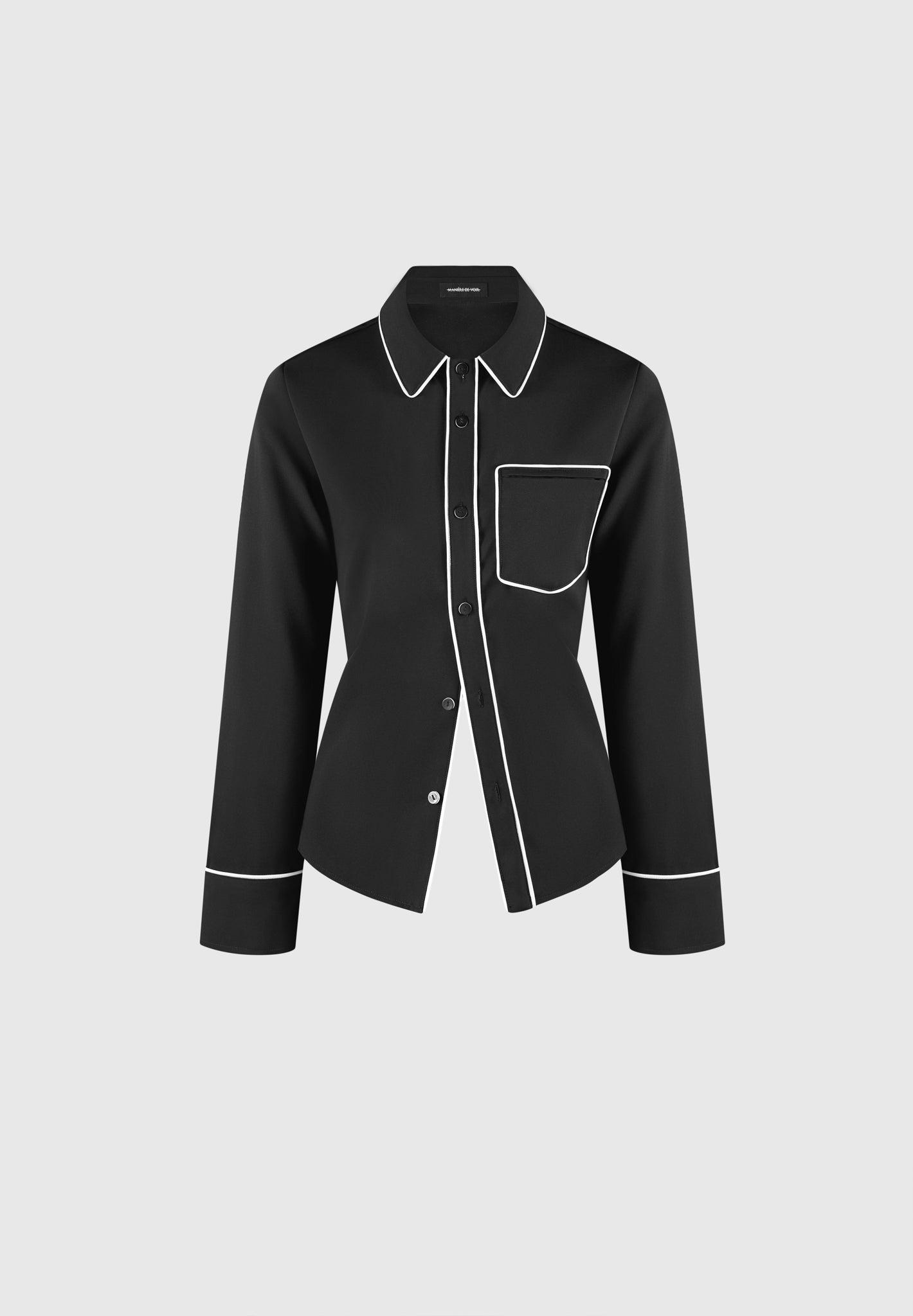 Contrast Piped Backless Tie Shirt - Black/White Female Product Image