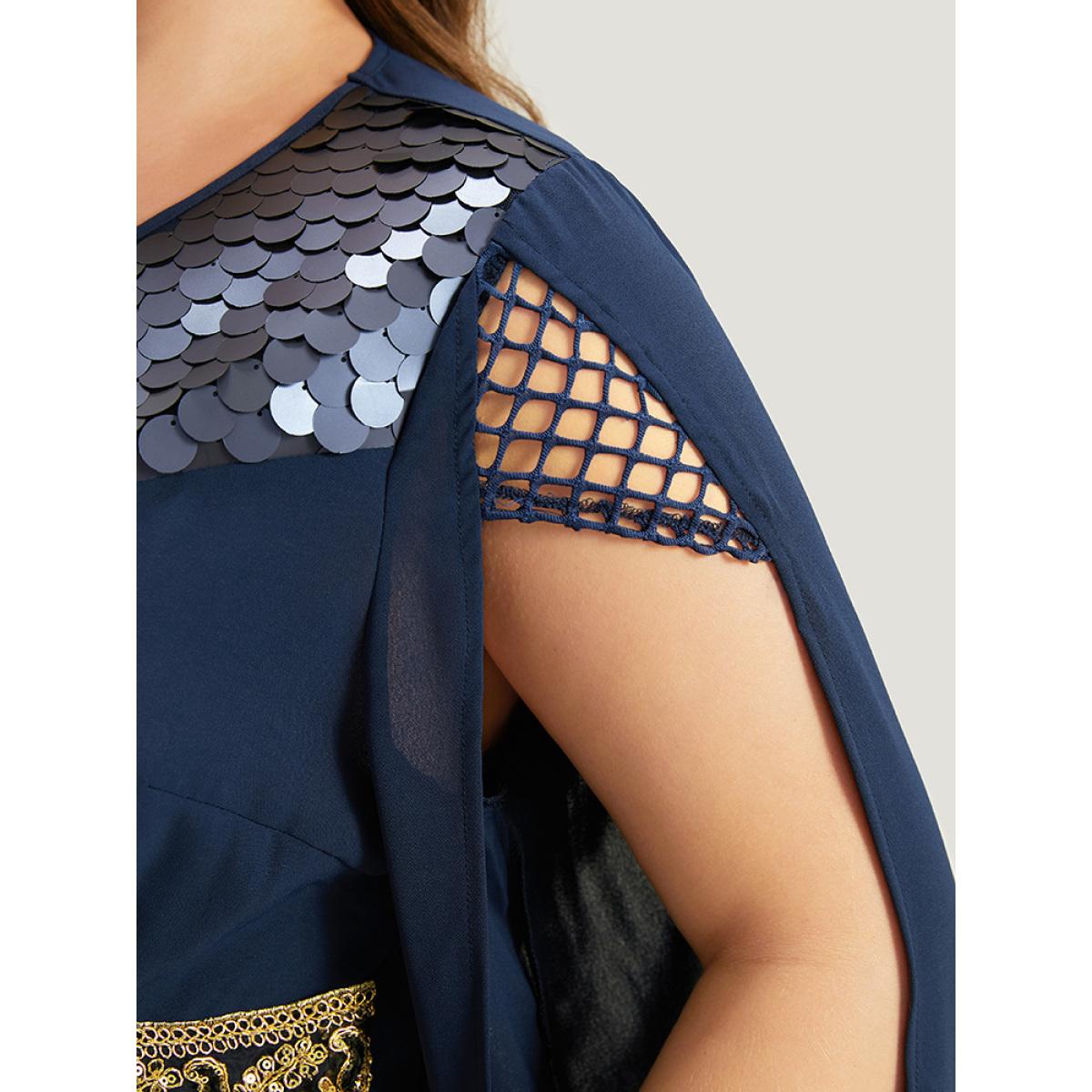 Plus Size Halloween Sequin Detail Embroidered Cut Out Dress DarkBlue Women Elegant Patchwork Round Neck Sleeveless Curvy Long Dress BloomChic 14-16/1X Product Image