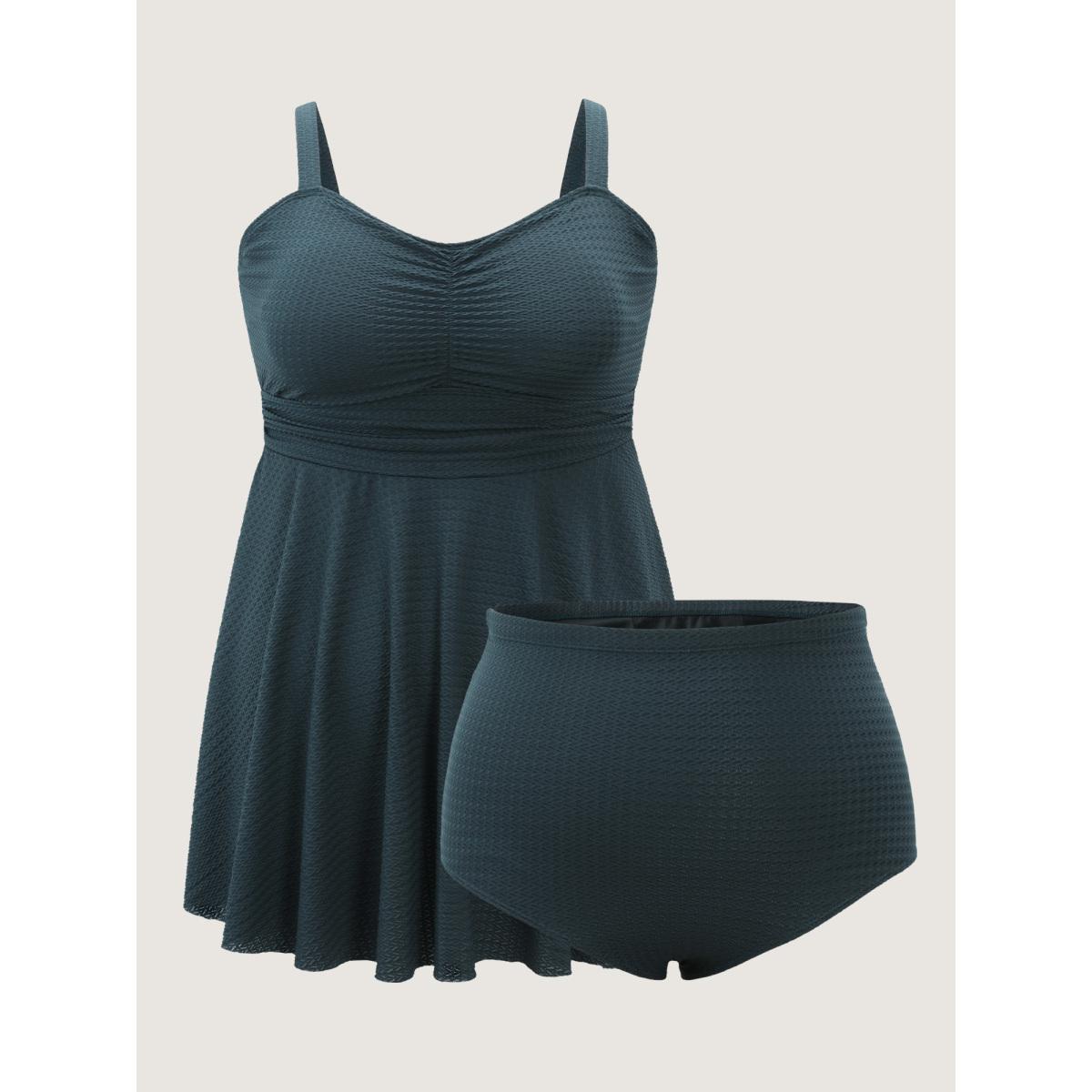 Plus Size Textured Adjustable Cinched Flared Swim Dress Women's Swimwear DarkSlateGray Resort Bodycon Heart neckline High stretch Curve Swim Dresses BloomChic 26/4X Product Image
