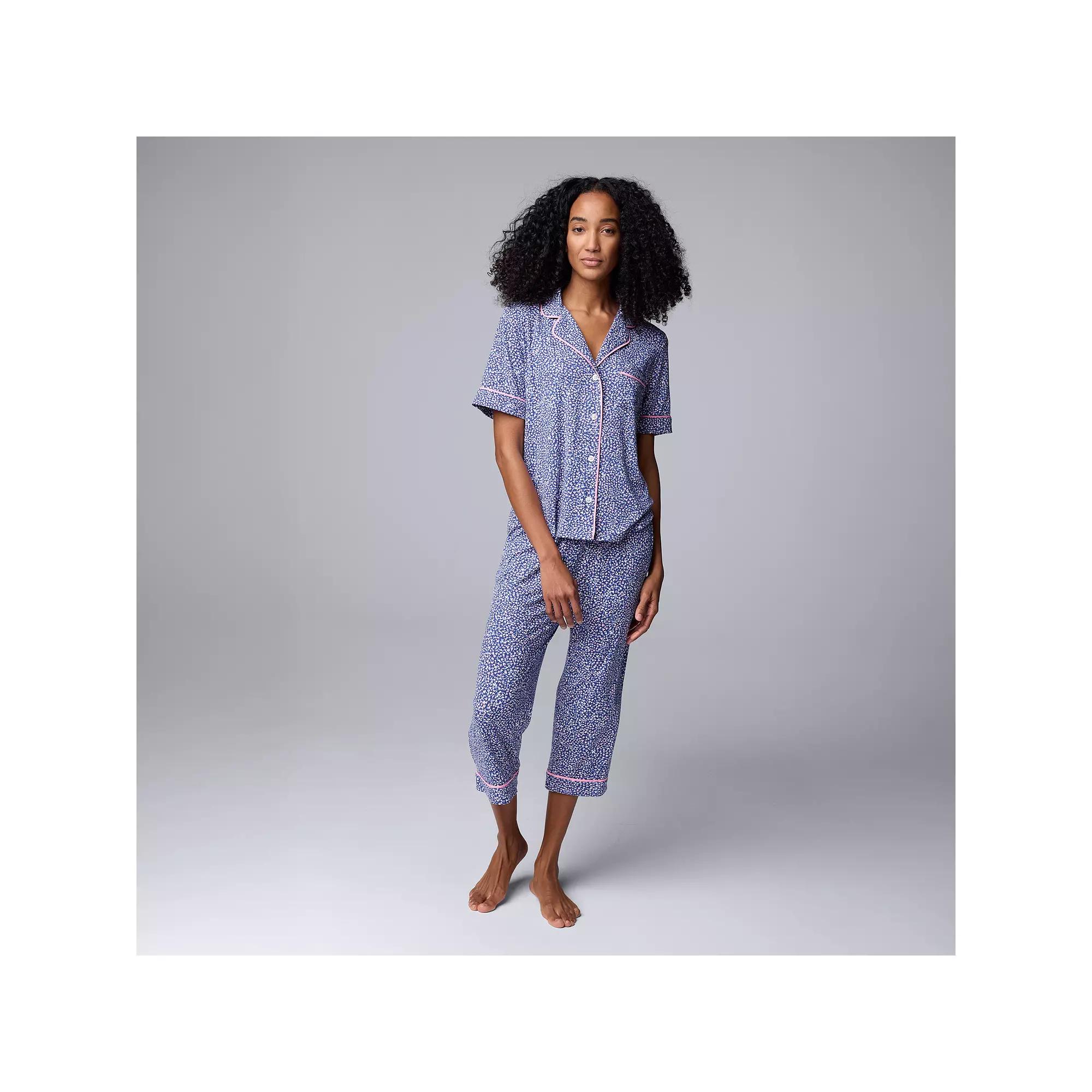 Women's Simply Vera Vera Wang 2-Piece Short Sleeve Notch Collar Pajama Top & Capri Pajama Bottoms Set, Size: XL, Blue Hearts Product Image