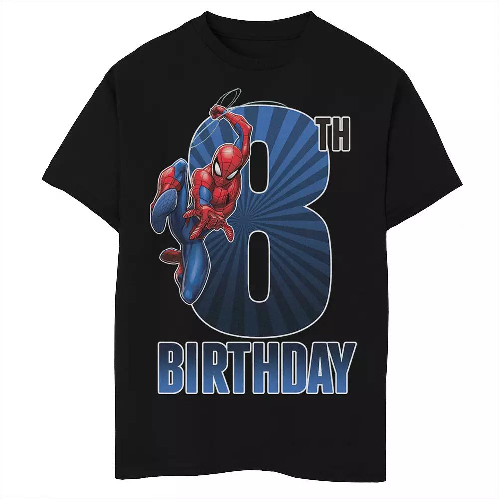 Boys Marvel Spider-Man Swinging 8th Birthday Husky Graphic Tee, Boy's, Size: Large HUSKY, Black Product Image