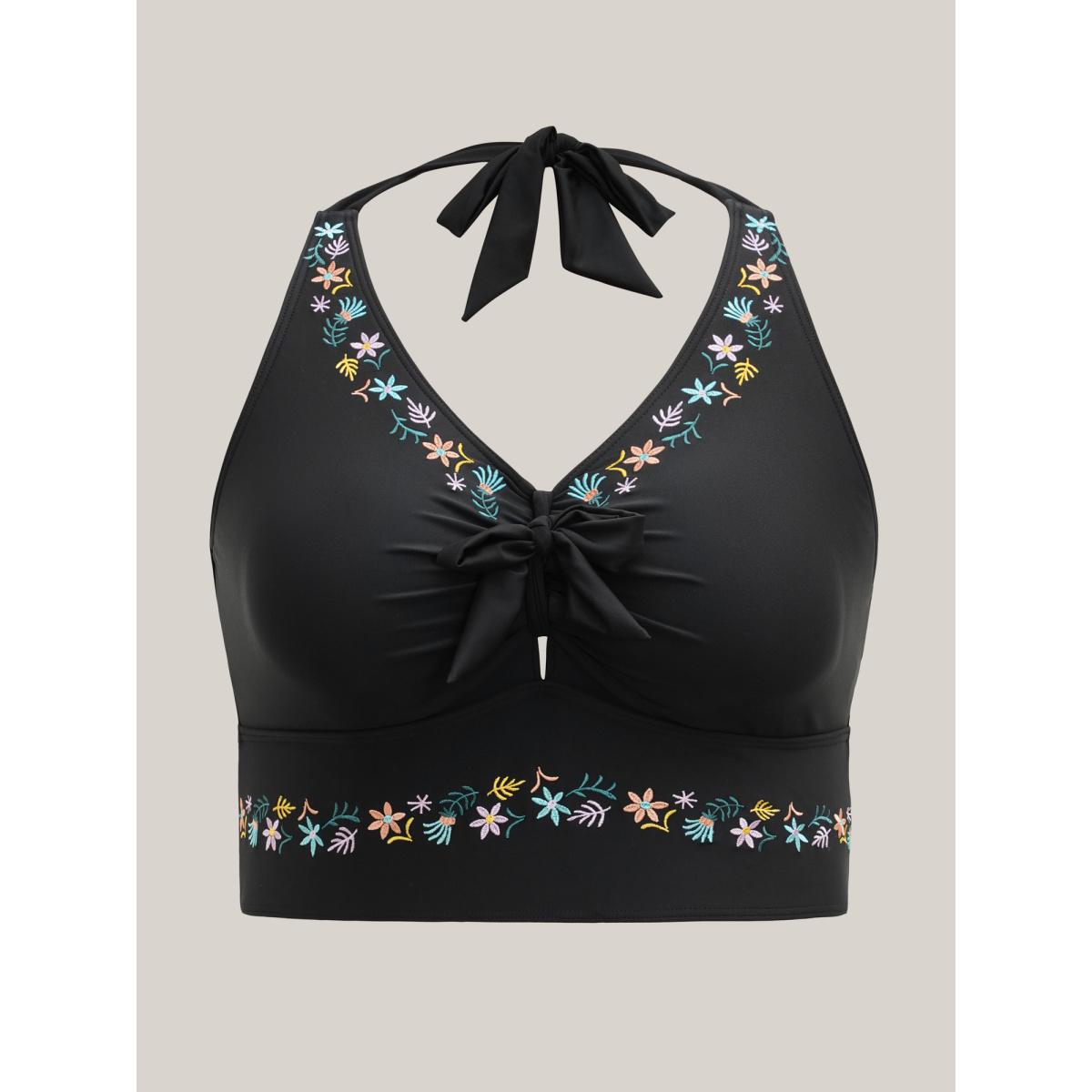Plus Size Multi-Color Embroidered Lace Tied Swim Top Women's Swimwear Black Beach Tie knot High stretch Skinny Heart neckline Curve Swim Tops BloomChic 22-24/3X Product Image