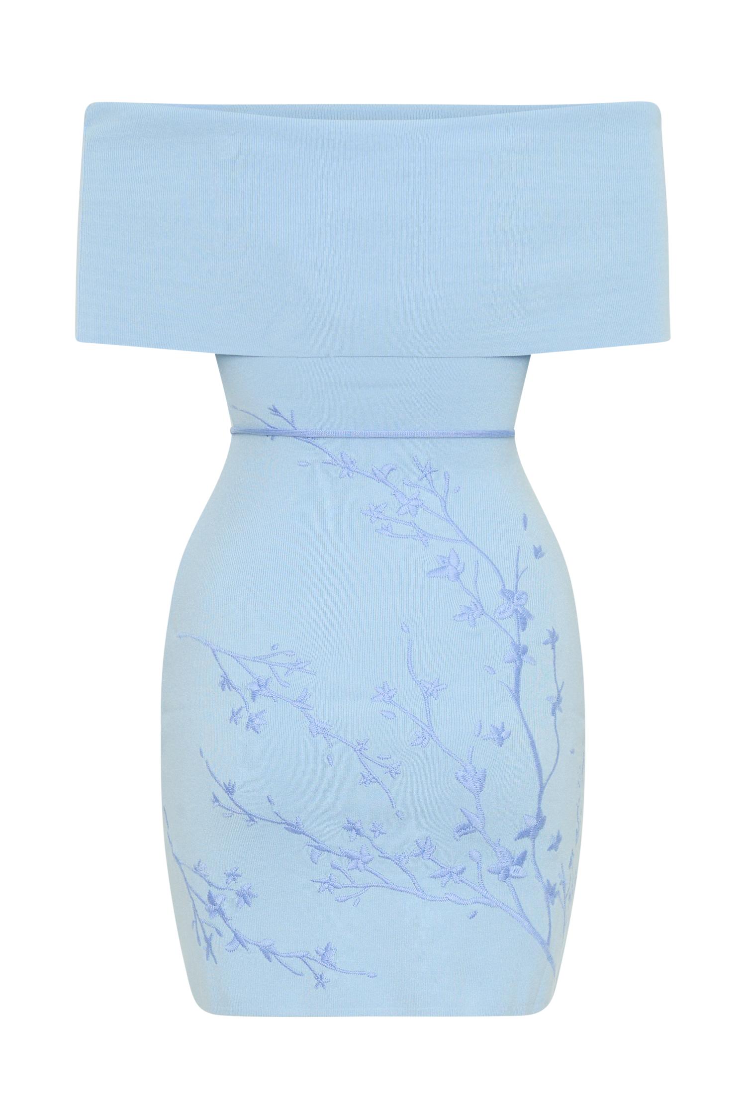 Mallory Off Shoulder Embroidered Knit Mini Dress - Ice Blue Product Image