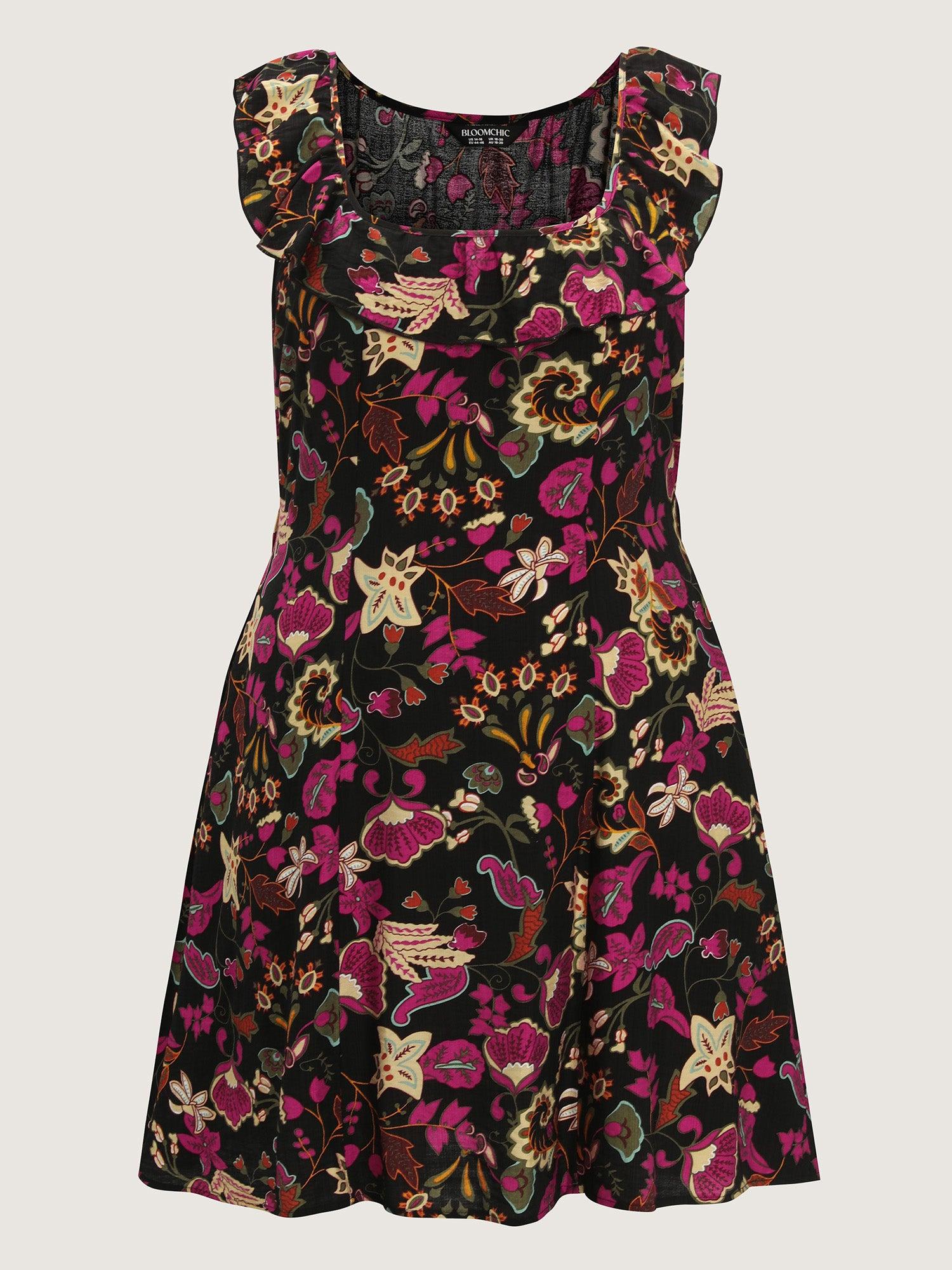 Vibrant Floral Print Ruffled Neckline Mini Dress Female Product Image