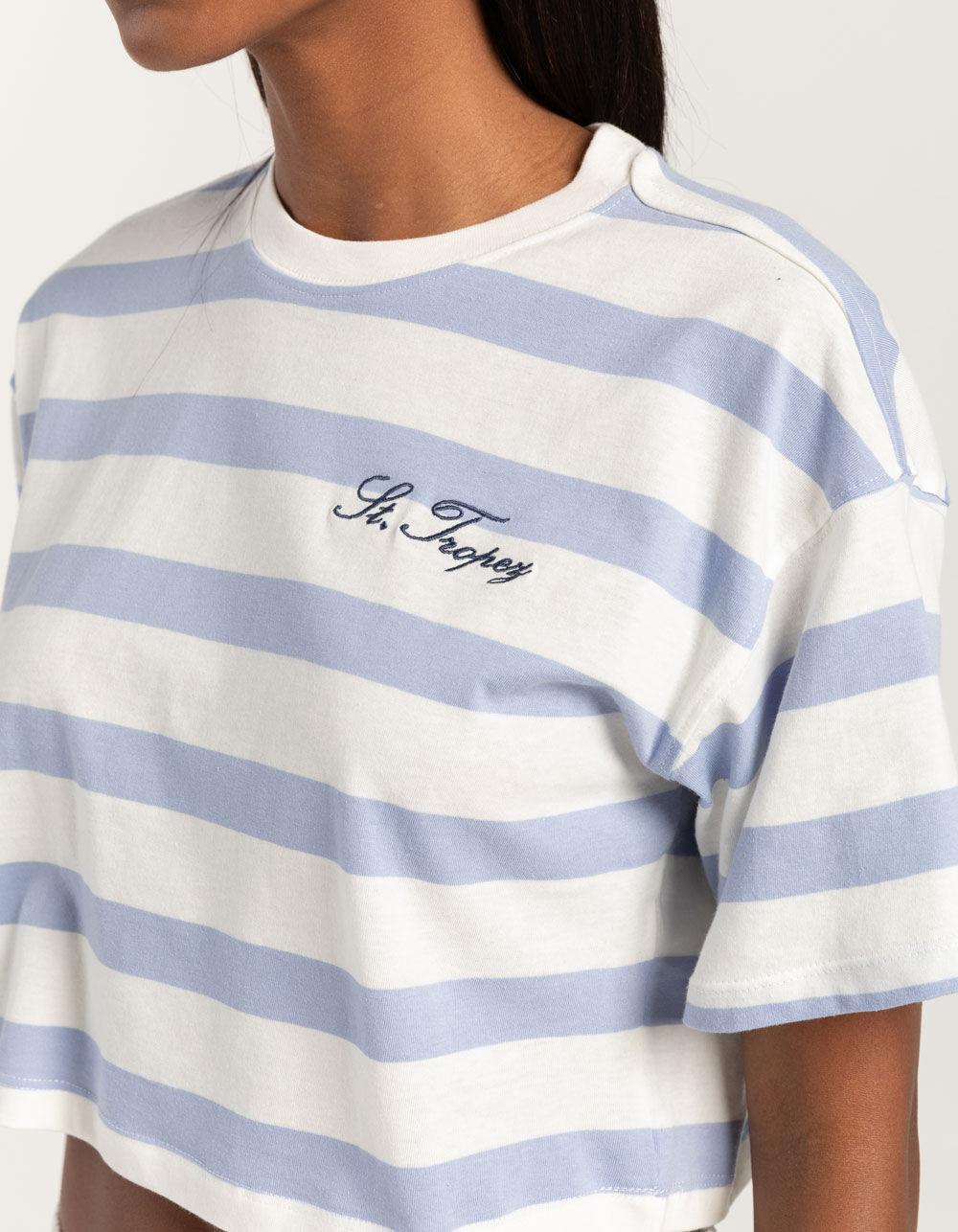 FULL TILT Stripe Saint Tropez Embroidered Womens Crop Tee - LIGHT BLUE Product Image