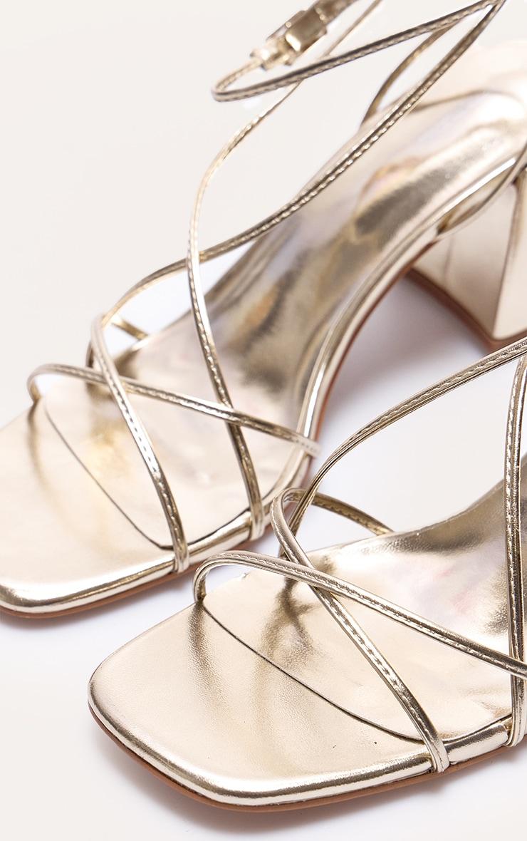 Gold PU Round Toe Strappy Mid Block Heel Sandals Product Image