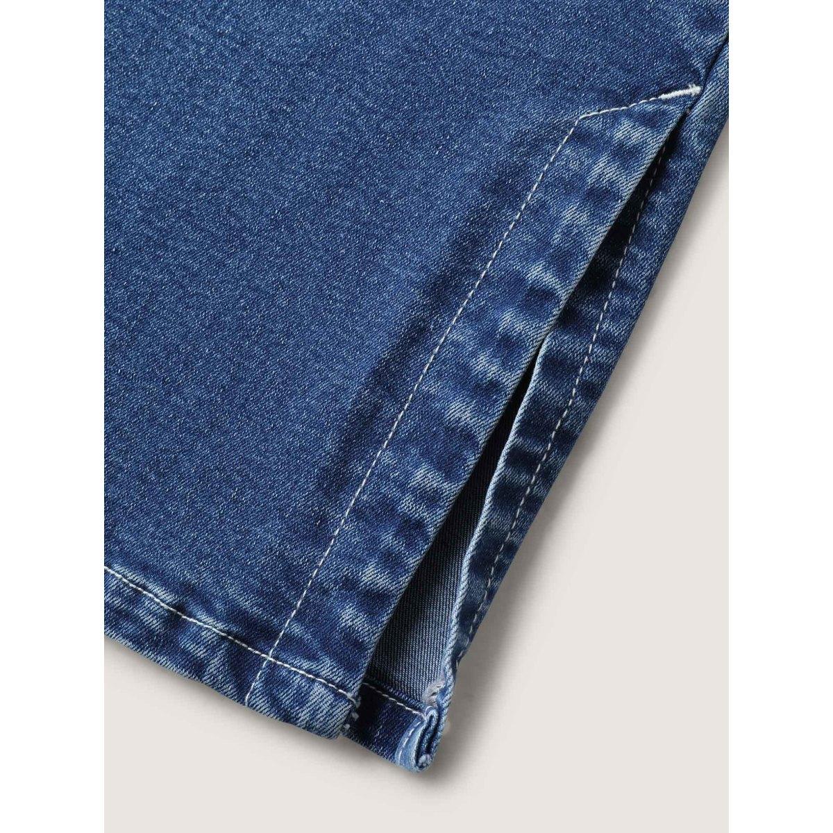 Plus Size Stretch No-Gap Waist Slit Hem Jeans Women Midblue Casual Slit High stretch Slanted pocket Jeans BloomChic 10/M Product Image