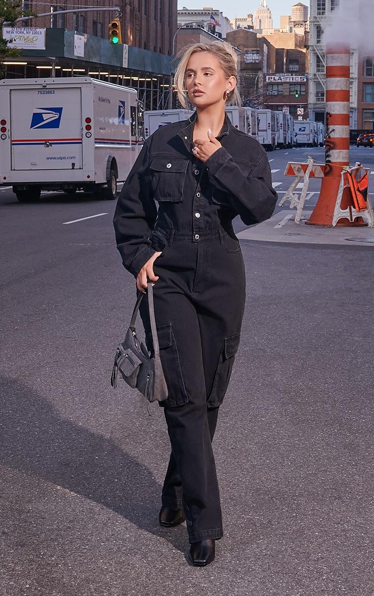Washed Black Denim Cargo Wide Leg Jumpsuit Product Image