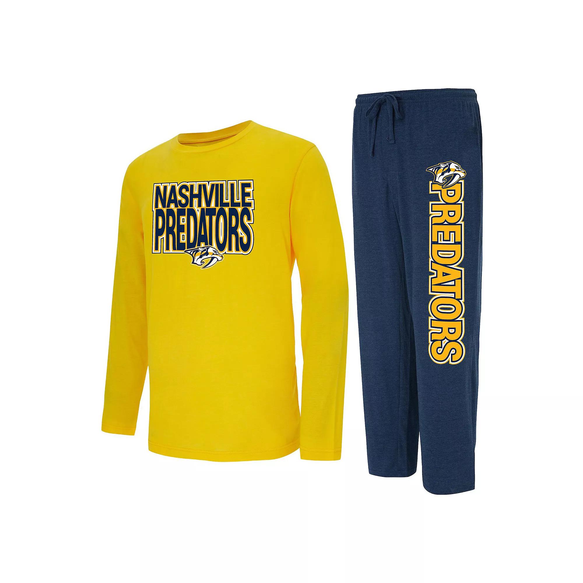 Men's Concepts Sport Navy/Gold Nashville Predators Meter Long Sleeve T-Shirt & Pants Sleep Set, Size: Medium, Pdt Blue Product Image