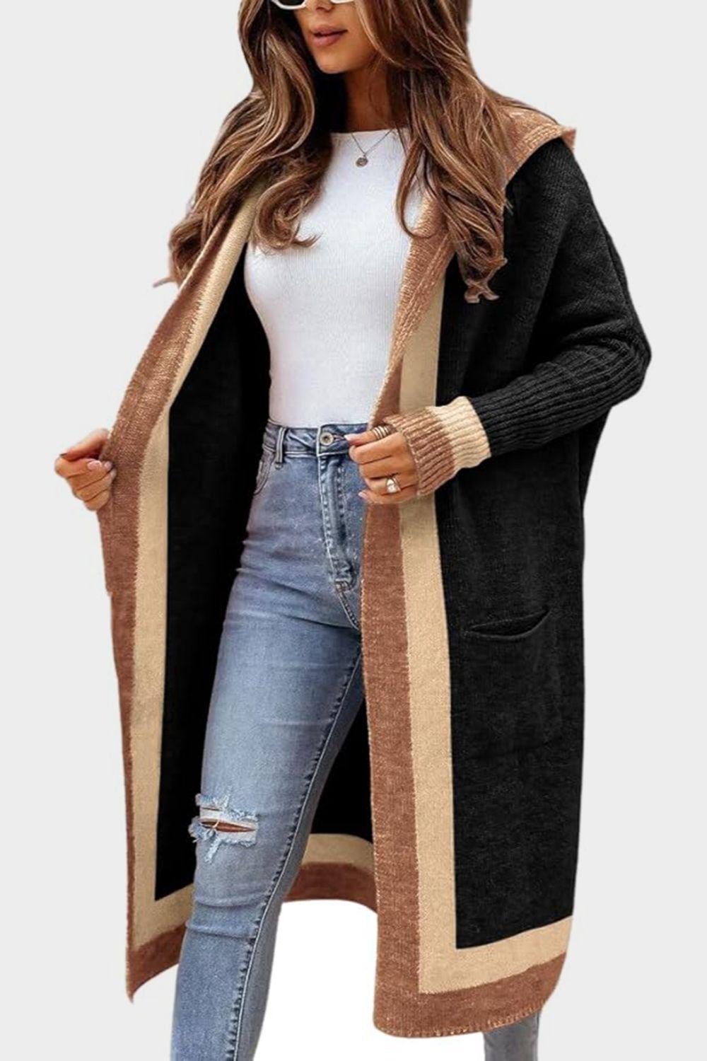 Pocketed Contrast Long Sleeve Hooded Cardigan Product Image