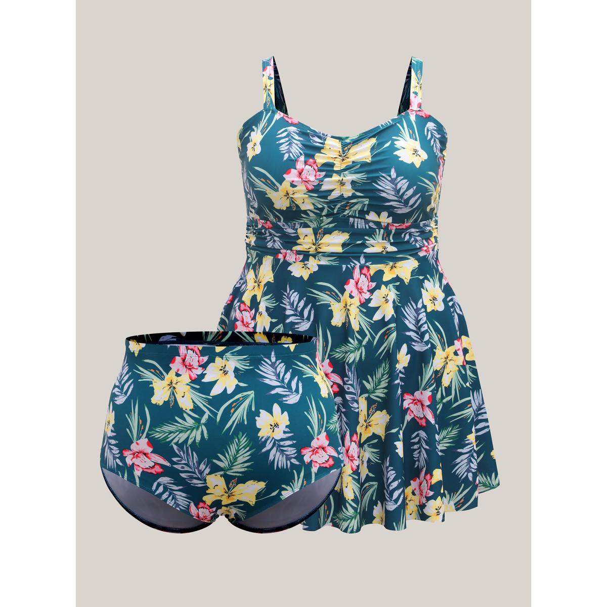 Plus Size Tropical Floral Print Twist Front Swim Dress Women's Swimwear Cyan Beach Bodycon Heart neckline High stretch Curve Swim Dresses BloomChic 28/5X Product Image