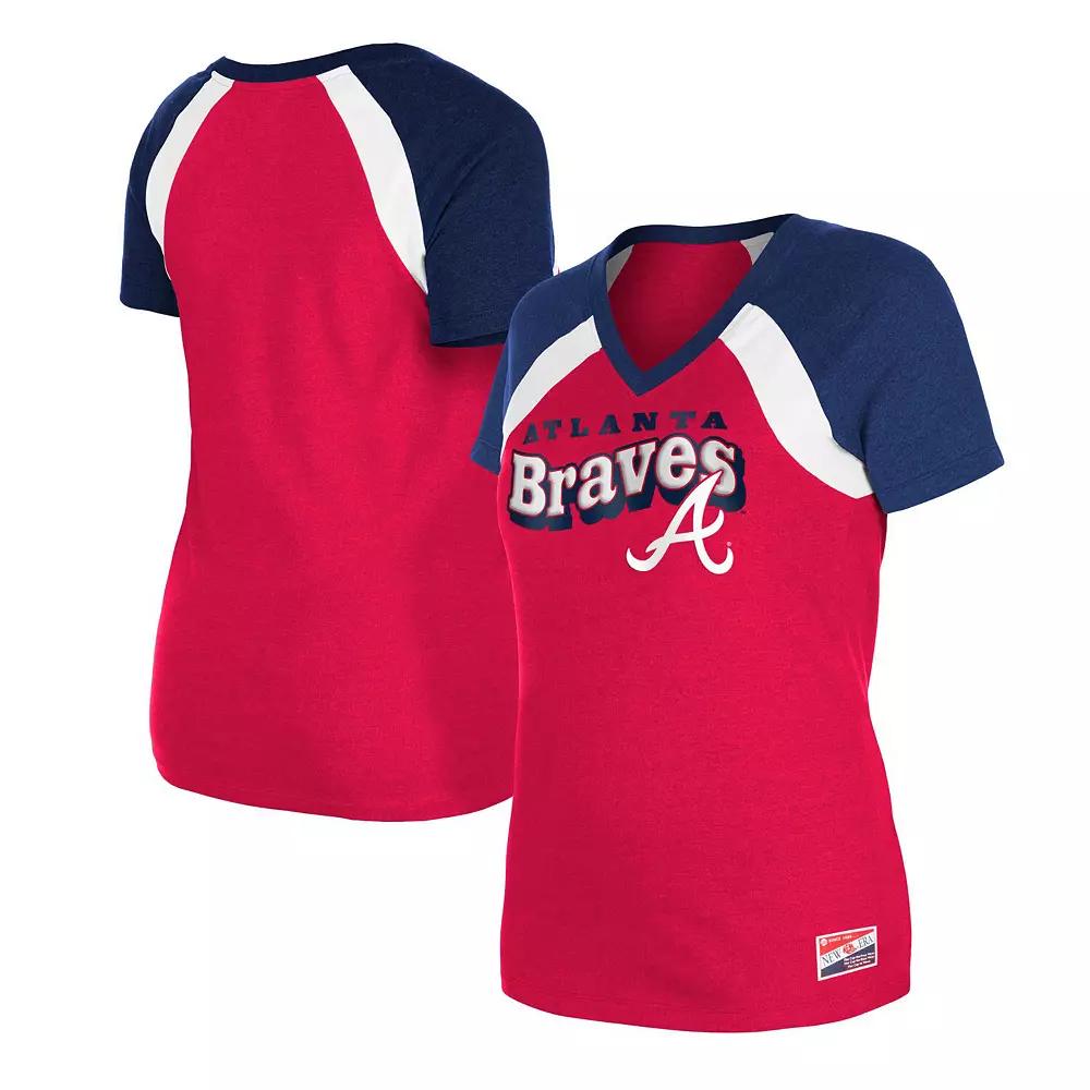 Women's New Era Red Atlanta Braves Heathered Raglan V-Neck T-Shirt, Size: Small Product Image