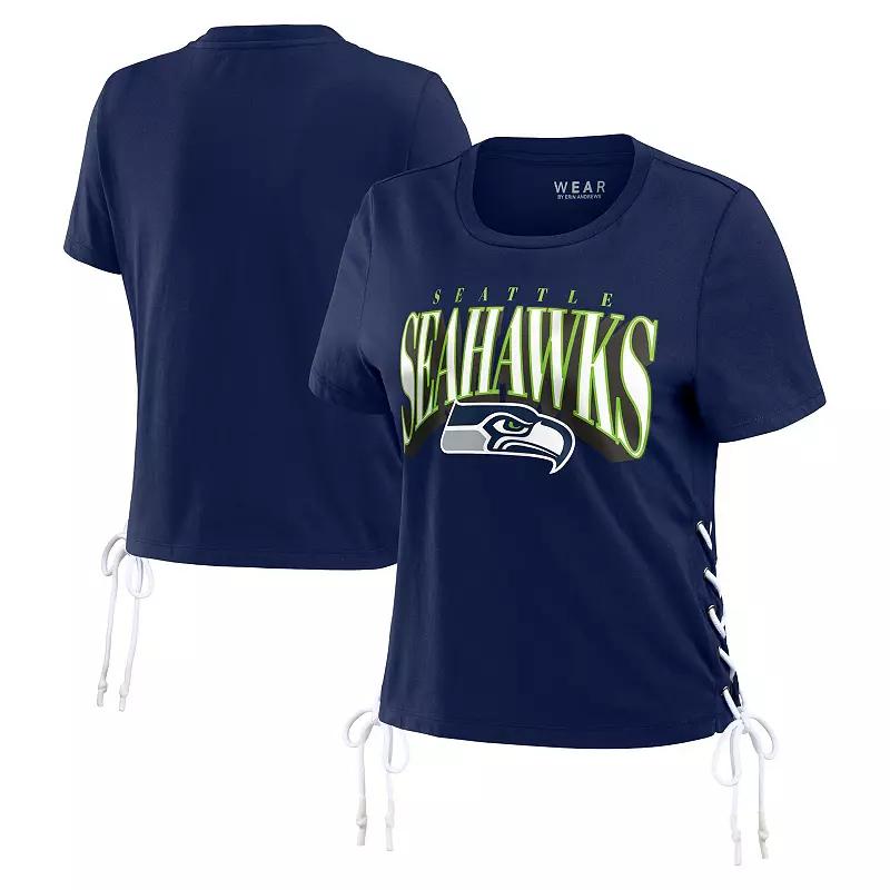 Women's WEAR by Erin Andrews College Navy Seattle Seahawks Lace Up Side Modest Cropped T-Shirt, Size: XL, Blue Product Image