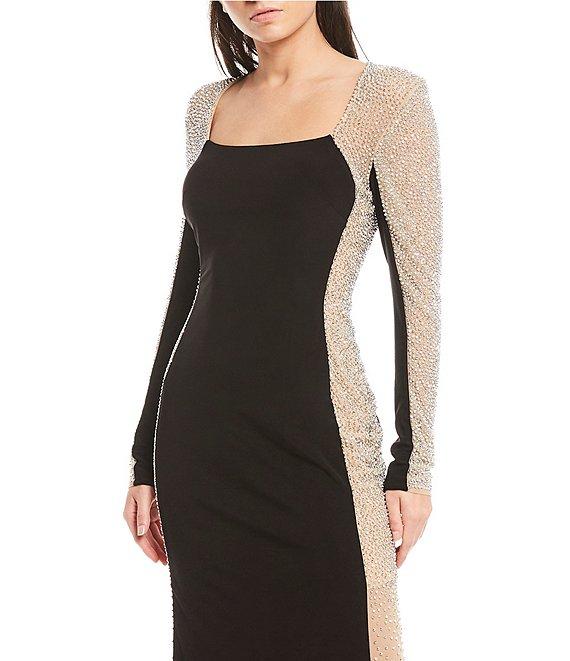Xscape Caviar Beaded Mesh Panel Long Sleeve Contrast Matte Jersey Square Neck Sheath Gown Product Image