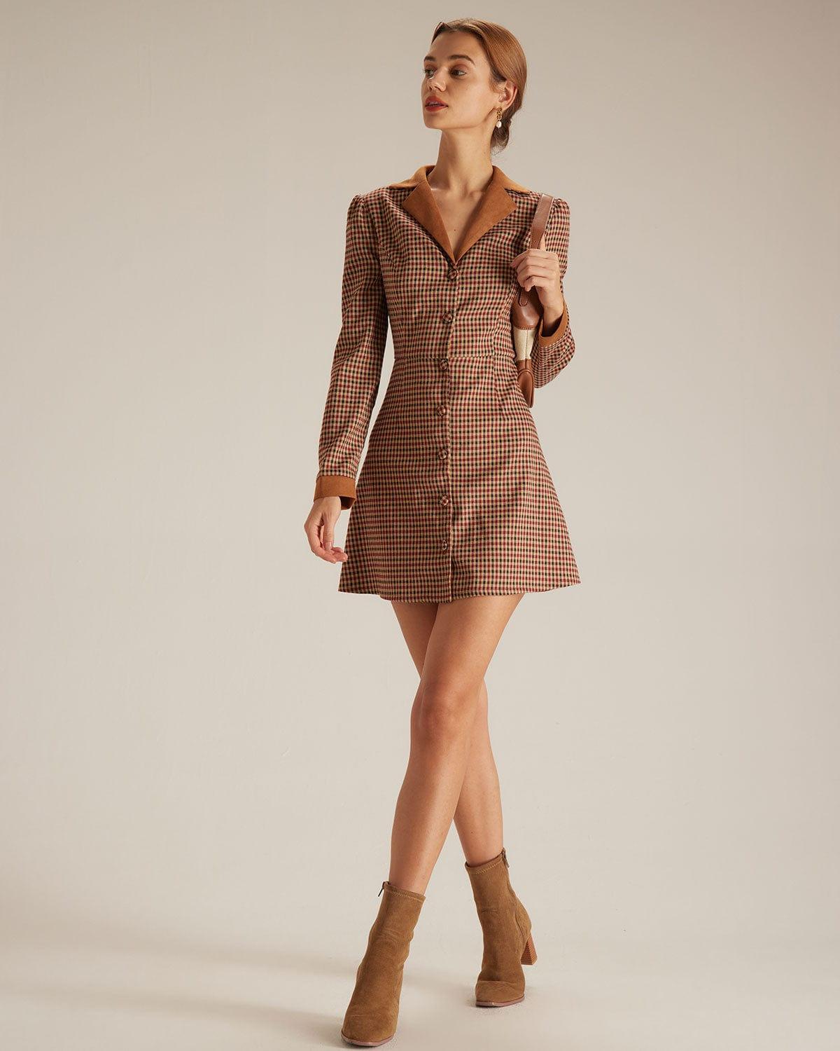 The Brown Plaid Spliced Suede Mini Dress Product Image