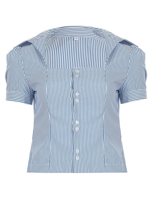 Striped Buttoned Square Neck Short Sleeves Shirts Product Image