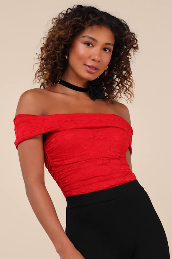 Sultry Whimsy Red Lace Off-the-Shoulder Bodysuit Product Image