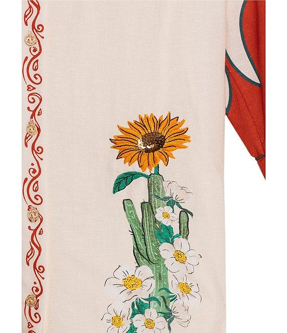 Agua Bendita Chrissy Nopal Floral Embroidered Point Collar 3/4 Sleeve Button Up Top Product Image