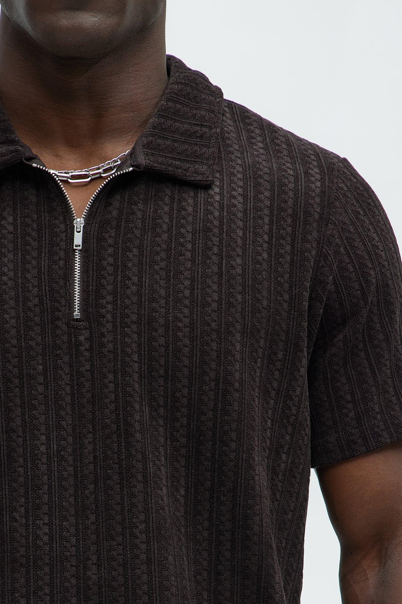 Stripe Texture Quarter Zip Polo Shirt - Chocolate Product Image
