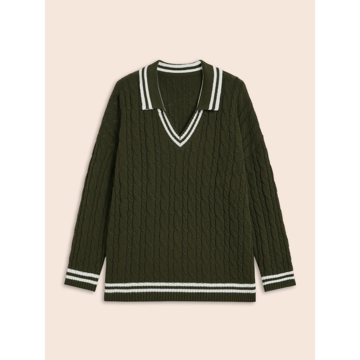 Plus Size Contrast Trim Split Hem Pullover ArmyGreen Women Office Long Sleeve Lapel Collar Office Pullovers BloomChic 28/5X Product Image