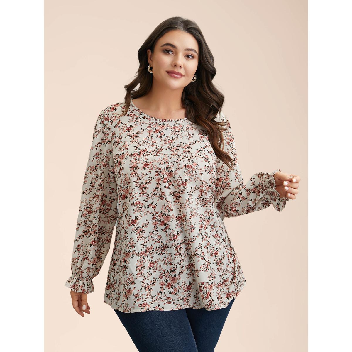 Plus Size Beige Back Lace Trim Ditsy Floral Print Blouse Women Elegant Long Sleeve Round Neck Everyday Blouses BloomChic 18-20/2X Product Image