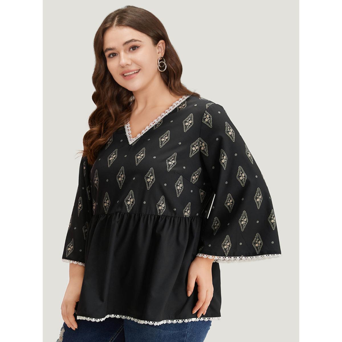 Plus Size Black Boho Print Guipure Lace V Neck Bell Sleeve Blouse Women Vacation Elbow-length sleeve V-neck Dailywear Blouses BloomChic 26/4X Product Image