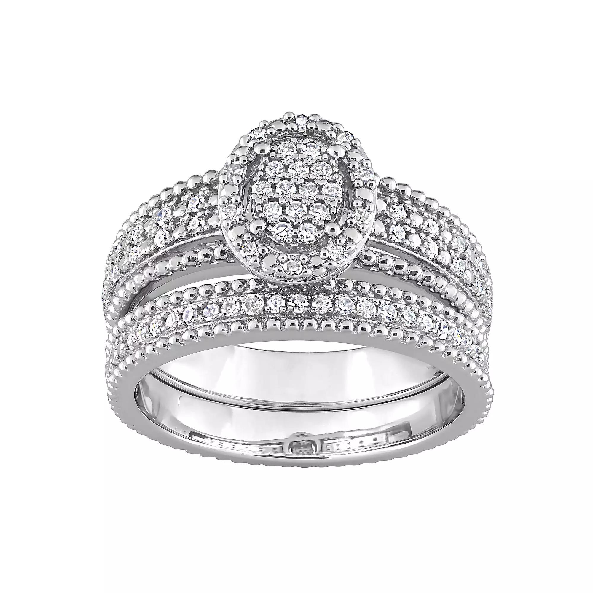 Stella Grace Sterling Silver 1/3 Carat T.W Diamond Oval Shape Cluster Bridal Ring Set, Women's, Size: 7 Product Image