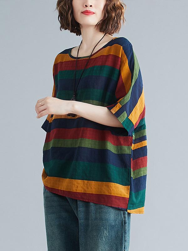 Rainbow Stripe Batwing Sleeves T-Shirts Tops Product Image