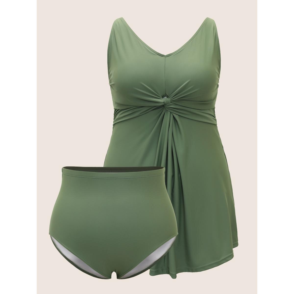 Plus Size Plain Twist Front Gathered Swim Dress Women's Swimwear ArmyGreen Beach Bodycon V-neck High stretch Curve Swim Dresses BloomChic 26/4X Product Image