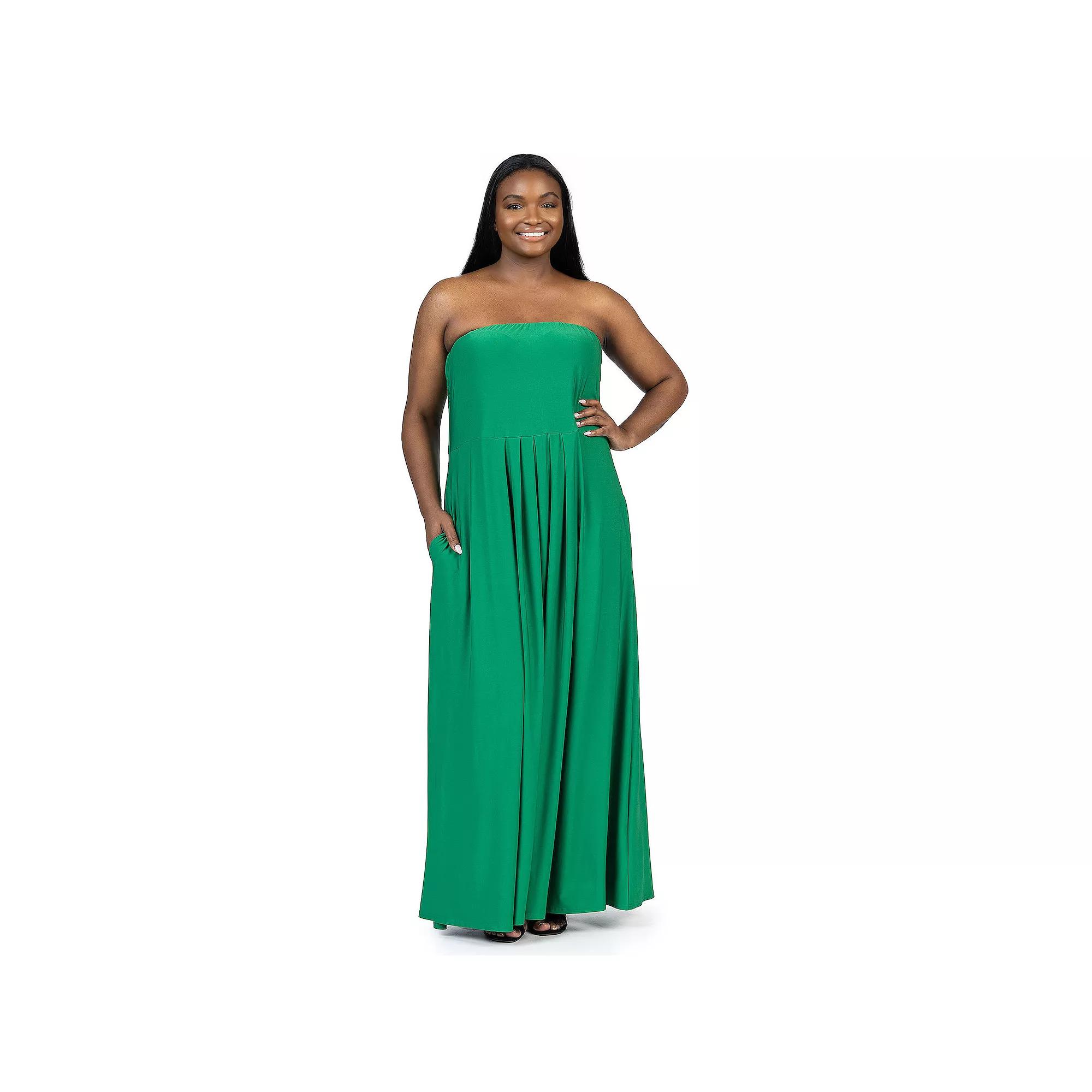 Plus Size 24Seven Comfort Apparel Pleated A Line Strapless Maxi Dress With Pockets, Women's, Size: 3XL, Green Product Image