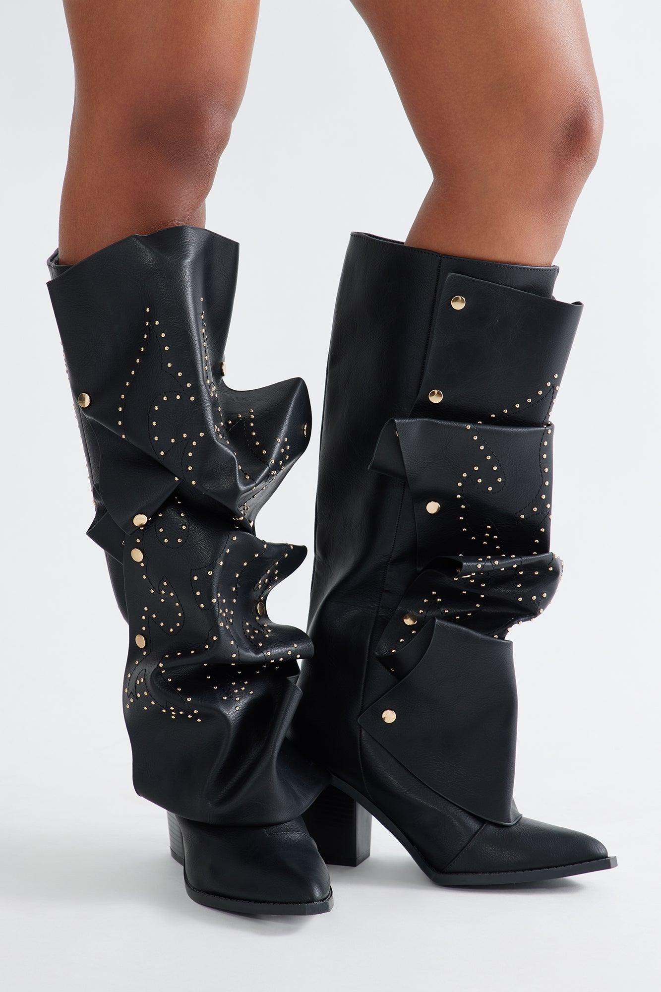 Armor Studded Knee High Boots - Black Female Product Image