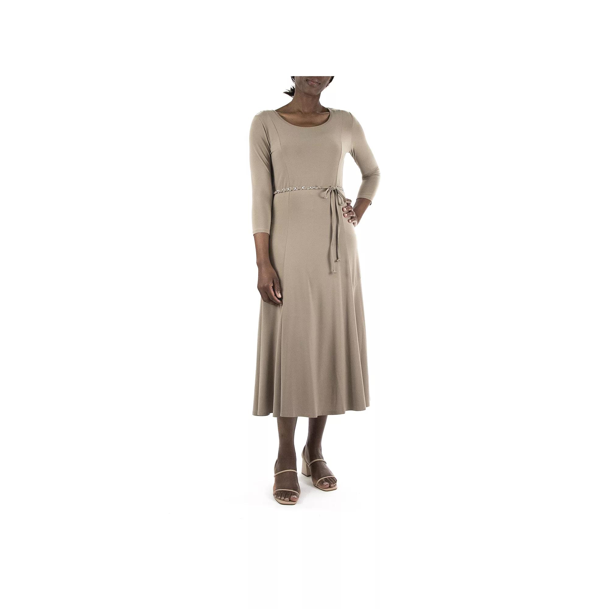 Women's Nina Leonard Three-Quarter Sleeve Belted Midi Dress, Size: Large, Mink Product Image