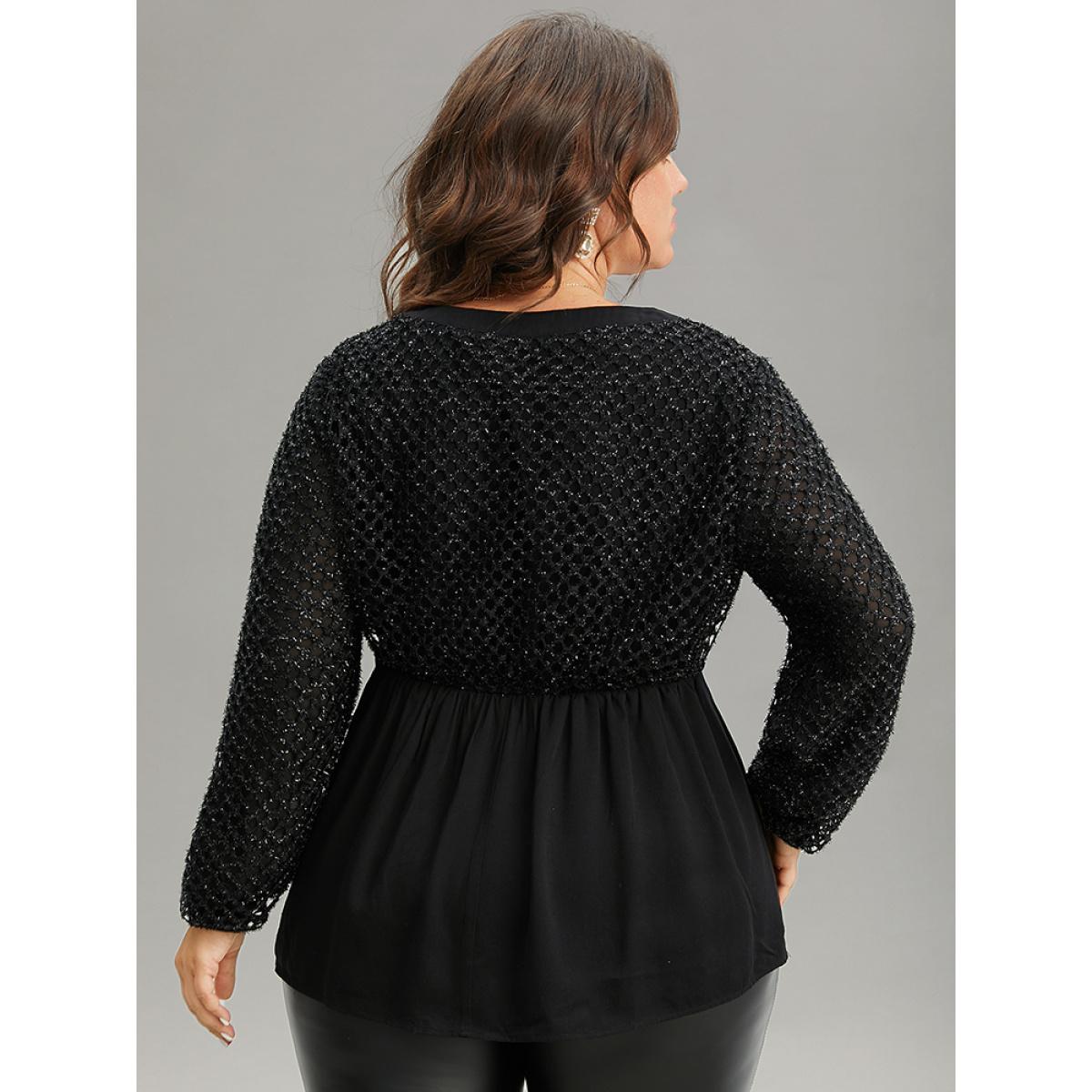 Plus Size Black Glitter Mesh Patchwork Lantern Sleeve Blouse Women Glamour Long Sleeve V-neck Festival-Christmas Blouses BloomChic 10/M Product Image
