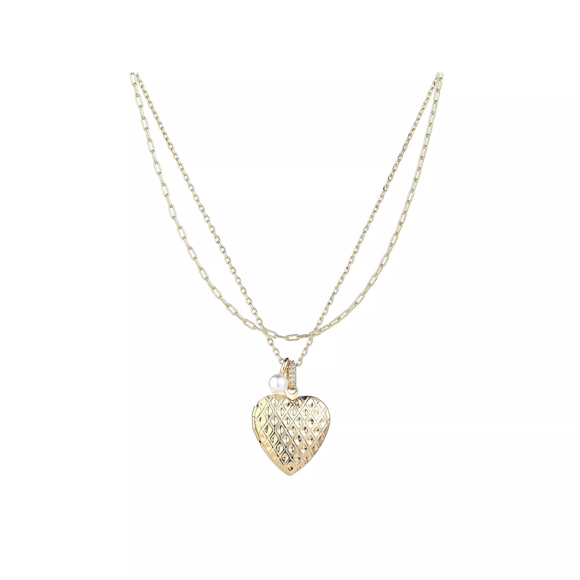 Forever Close 2-pc. 14k Gold Flash Plated Simulated Pearl Charm & Diamond Cut Heart Locket Necklace Set, Women's, Size: 16/18", Gold Tone Product Image