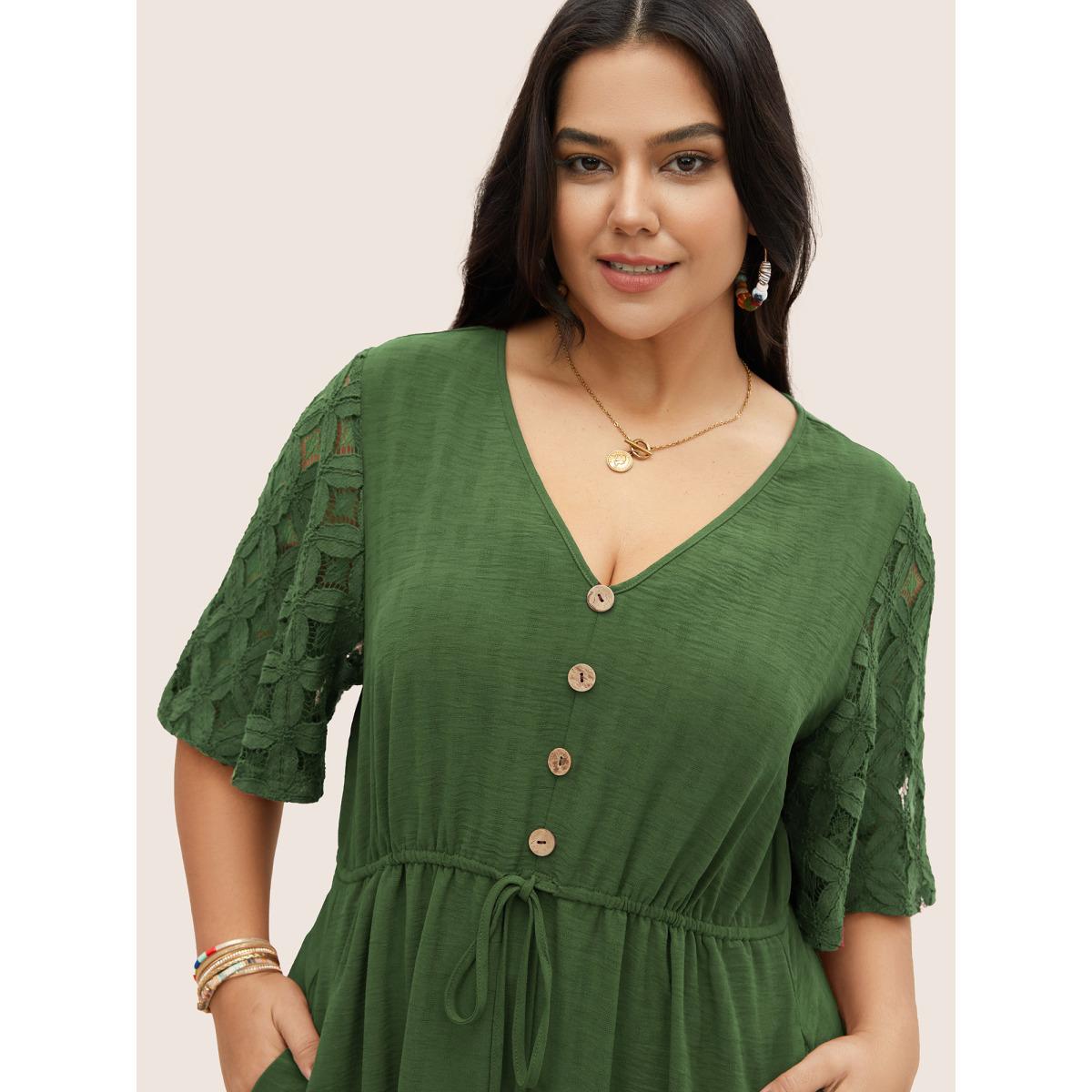 Plus Size Crochet Lace Mesh Button Detail Drawstring Dress Burgundy Women Resort Tie knot V-neck Half Sleeve Curvy Midi Dress BloomChic 18-20/2X Product Image