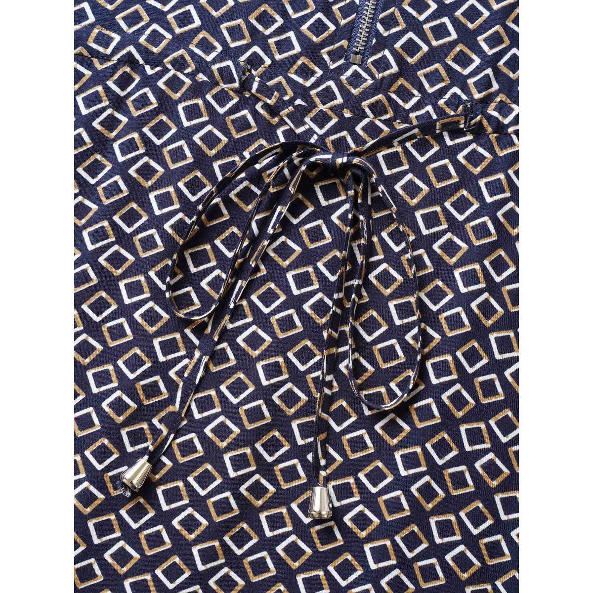 Plus Size Geometric Half Zip Drawstring Arc Hem Dress Indigo Women At the Office Drawstring Flat collar with V-notch Sleeveless Curvy BloomChic 14-16/1X Product Image