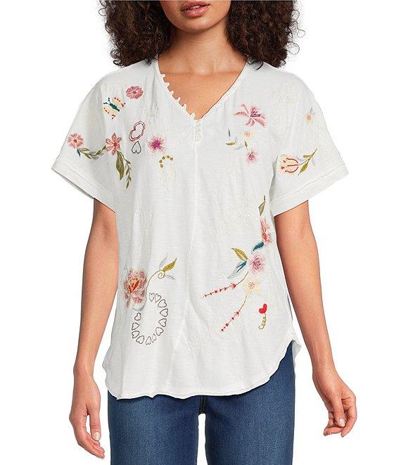 Karyn Seo Tessa Knit Vintage Inspired Embroidered V-Neck Short Dolman Sleeve Tee Product Image