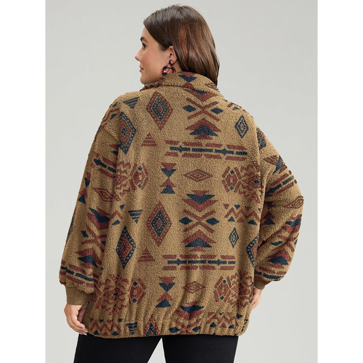 Plus Size Geometric Pocket Gathered Zipper Jacket Women Bronze Zipper Pocket Casual Jackets BloomChic 26/4X Product Image