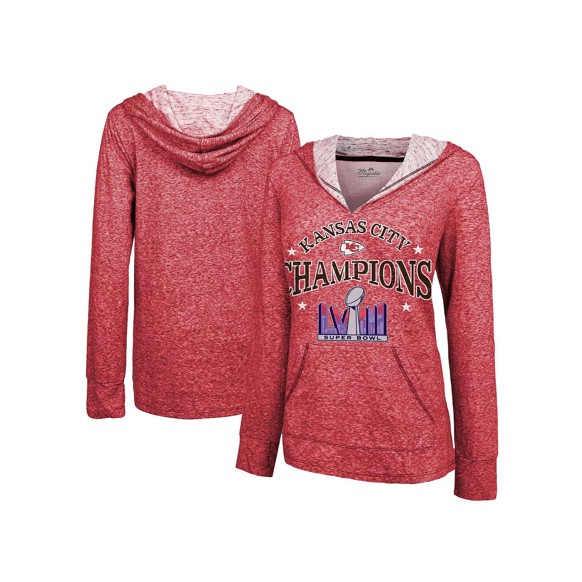 Women's Majestic Threads  Red Kansas City Chiefs Super Bowl LVIII Champions Oversized Dunk Slub Pullover V-Neck Hoodie, Size: 2XL Product Image