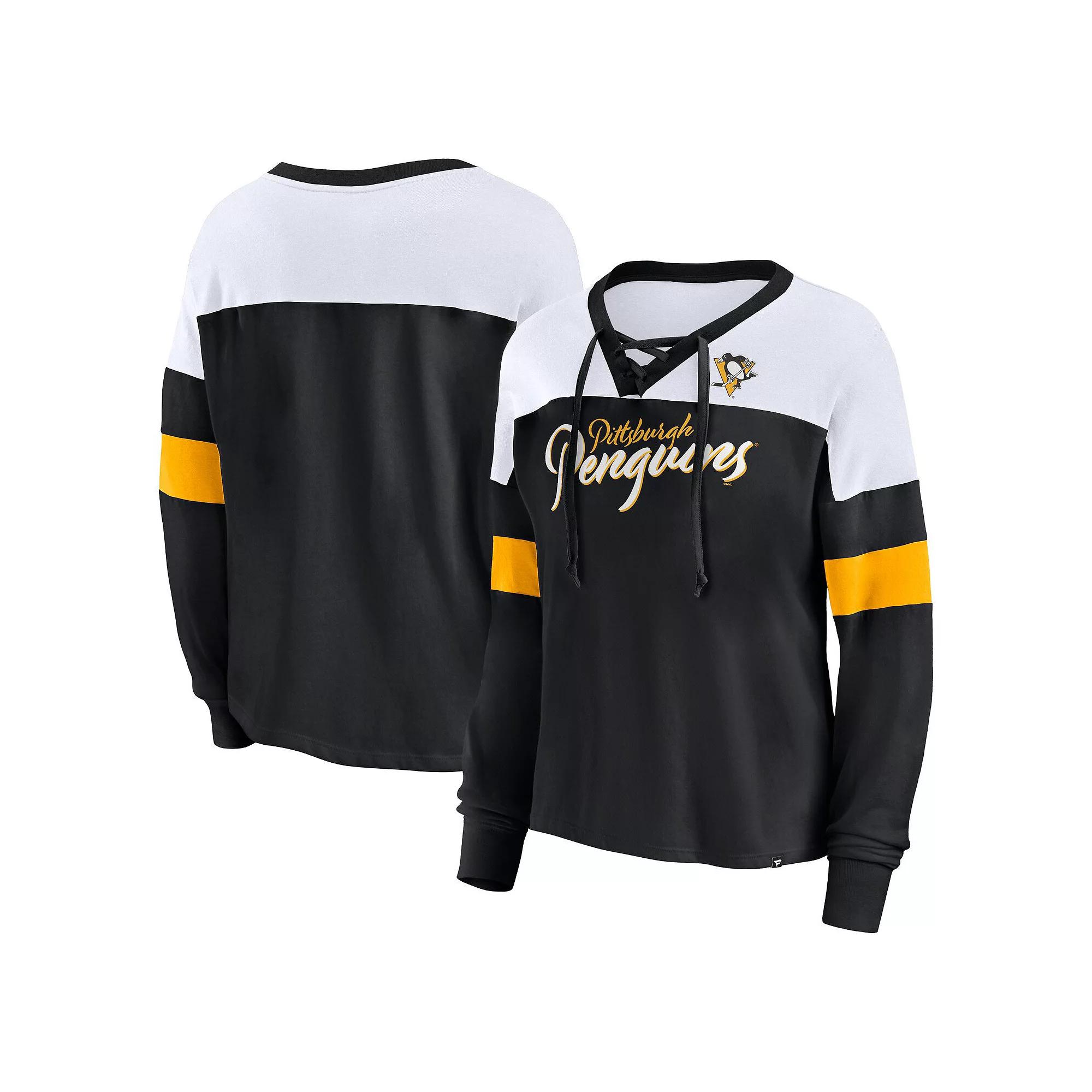 Women's Fanatics Black Pittsburgh Penguins Take the Shot Long Sleeve Lace-Up V-Neck T-Shirt, Size: Medium Product Image