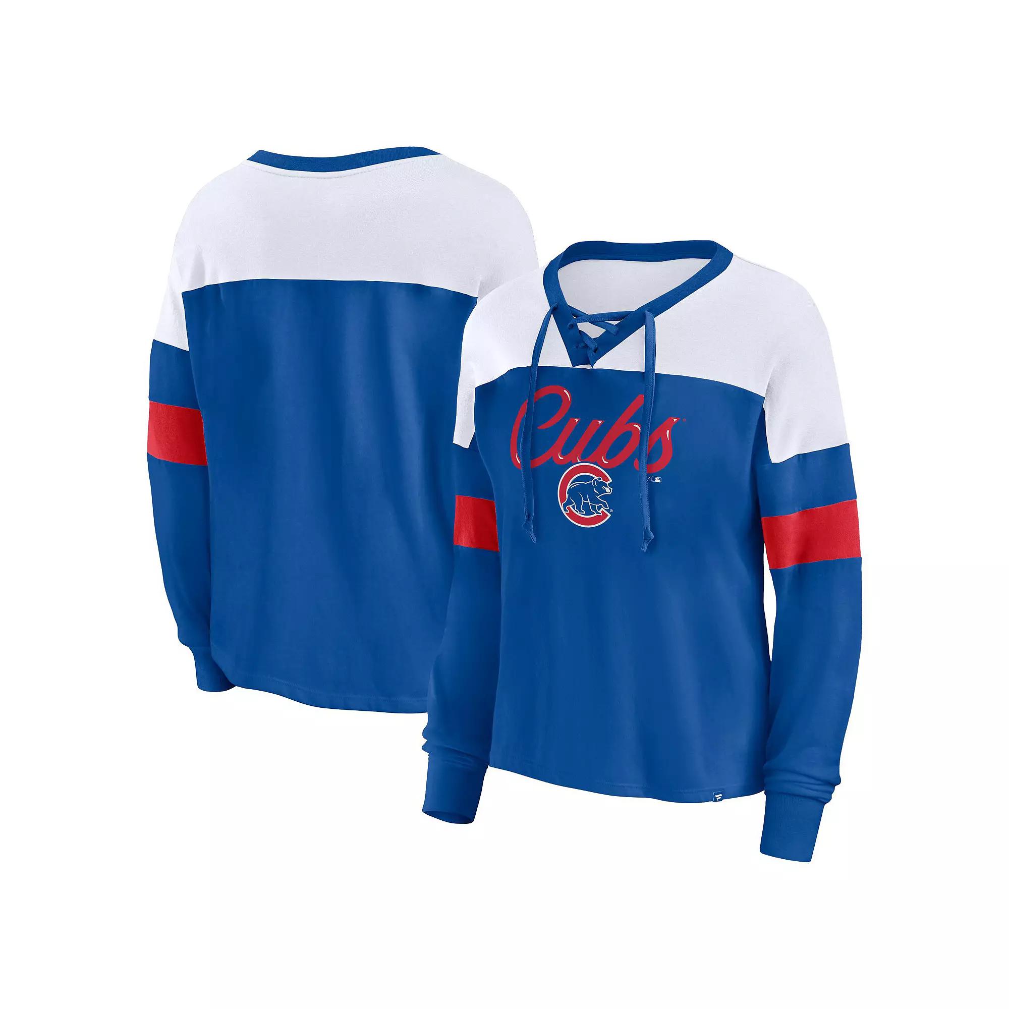 Women's Fanatics Branded Royal/White Chicago Cubs Even Match Lace-Up Long Sleeve V-Neck T-Shirt, Size: Small, Blue Product Image